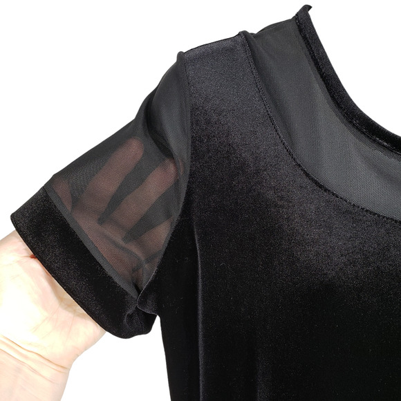 Huis Clos Velour Midi Dress 12 Women Black Short Sleeve Velvet Mesh Soft Vintage - Picture 6 of 10